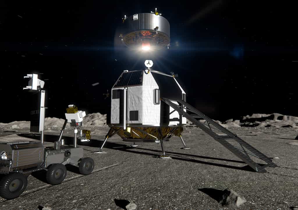 Concept d'alunisseur logistique lourd européen (EL3) capable de transporter jusqu'à 1,7 tonne de fret vers n'importe quel endroit de la surface lunaire. Ce lander pourrait être utilisé dans le cadre de mission Artemis de la Nasa ou pour des missions scientifiques propres à l'ESA. © ESA, ATG-Medialab