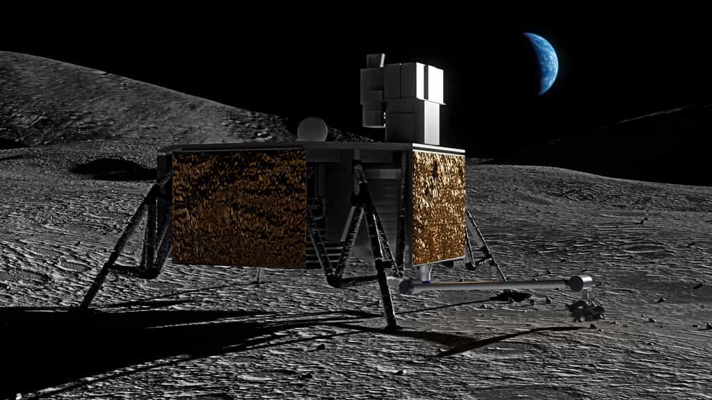 Vue d'artiste d'un lander lunaire utilisant une petite unité ISRU (In Situ Resource Utilisation). Ce concept ne préfigure pas forcément un lander opérationnel ou de démonstration. © Thales Alenia Space, ESA