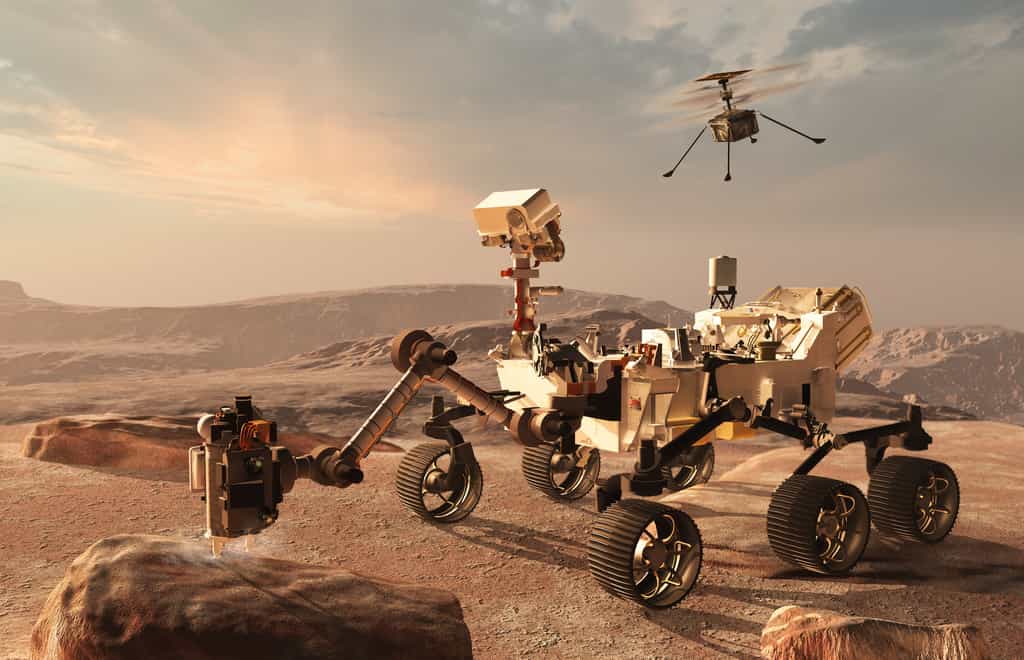 Illustration de Perseverance forant une roche sur Mars et accompagné du drone-hélicoptère Ingenuity. © Dayan, Adobe Stock