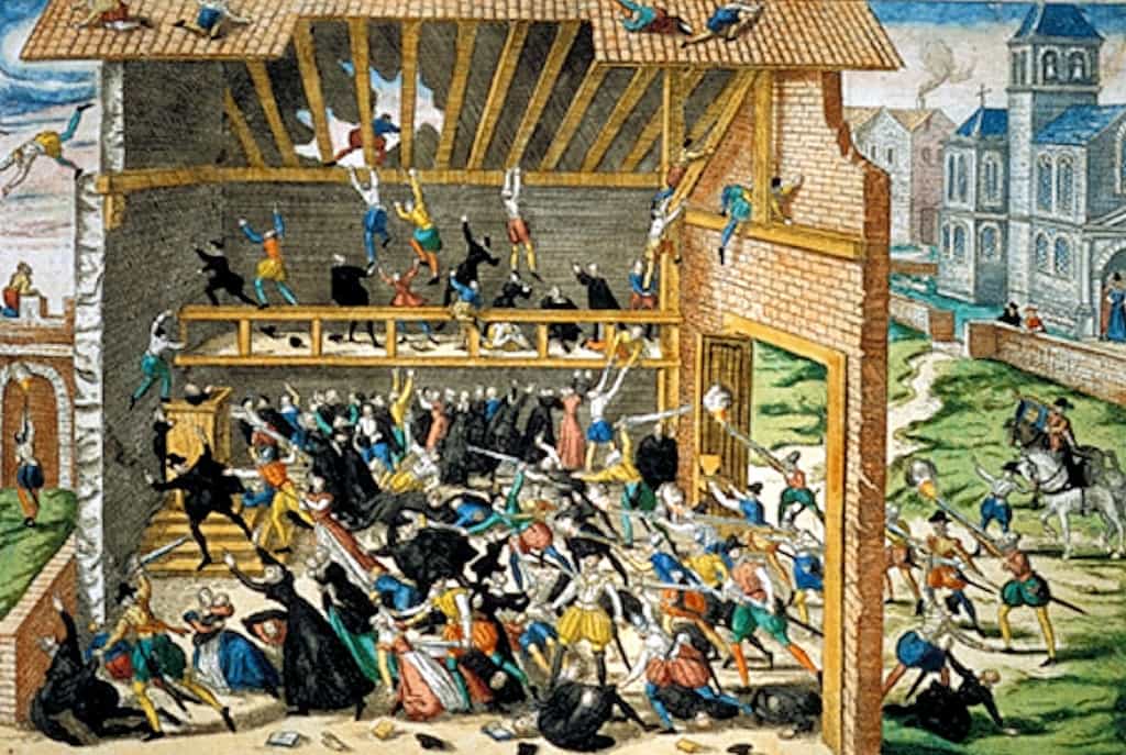 Tableau représentant le massacre de Wassy, en mars 1562, peint par Franz Hogenberg, fin XVIe siècle. Le massacre de Wassy se déroule après l'édit de janvier 1562, par lequel le roi autorise les protestants à se rassembler à l'extérieur des villes pour y célébrer leur culte. L'assemblée se tient dans la ville, elle est attaquée par l'escorte armée du duc François de Guise. © Wikimedia Commons, domaine public.