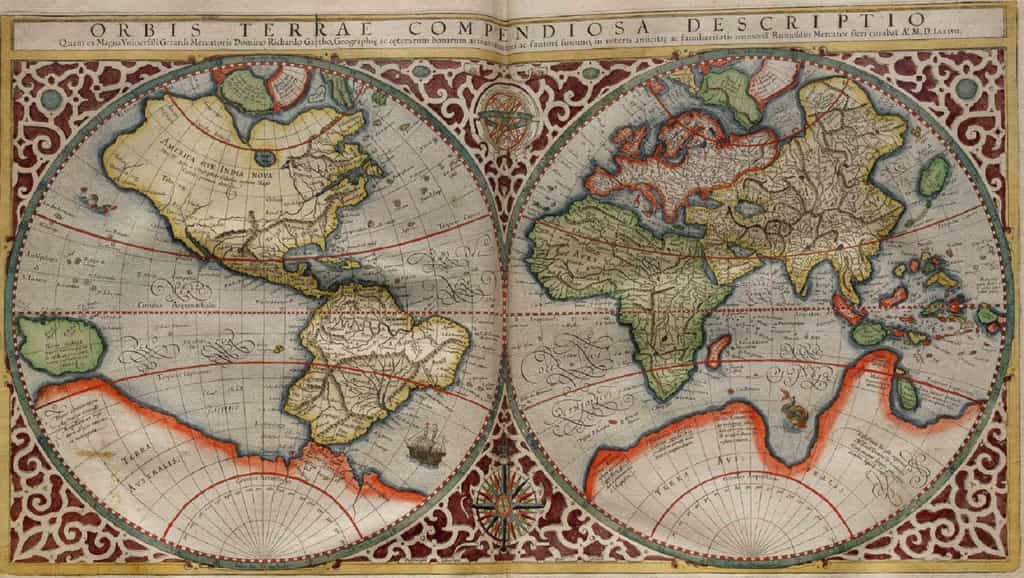 Planisphère de Mercator daté de 1587 © Wikimedia commons, domaine public.