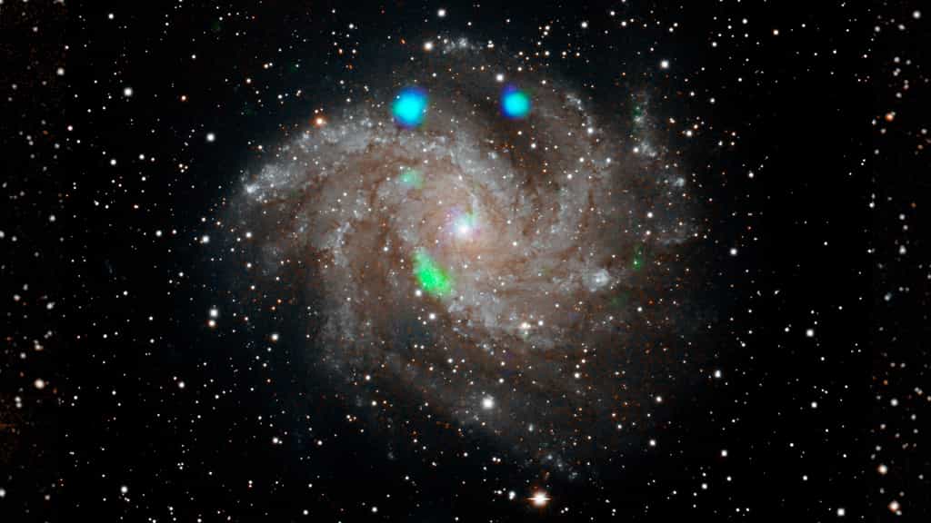 Cette image en lumière visible de la galaxie Fireworks (NGC 6946) provient du Digital Sky Survey et est superposée aux données de l'observatoire Nustar de la Nasa en fausses couleurs (en bleu et vert). ULX4 est visible en vert. © Nasa, JPL-Caltech