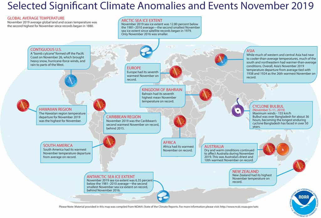 Cette carte montre les événements climatiques notables qui se sont produits dans le monde en novembre 2019. © NOAA
