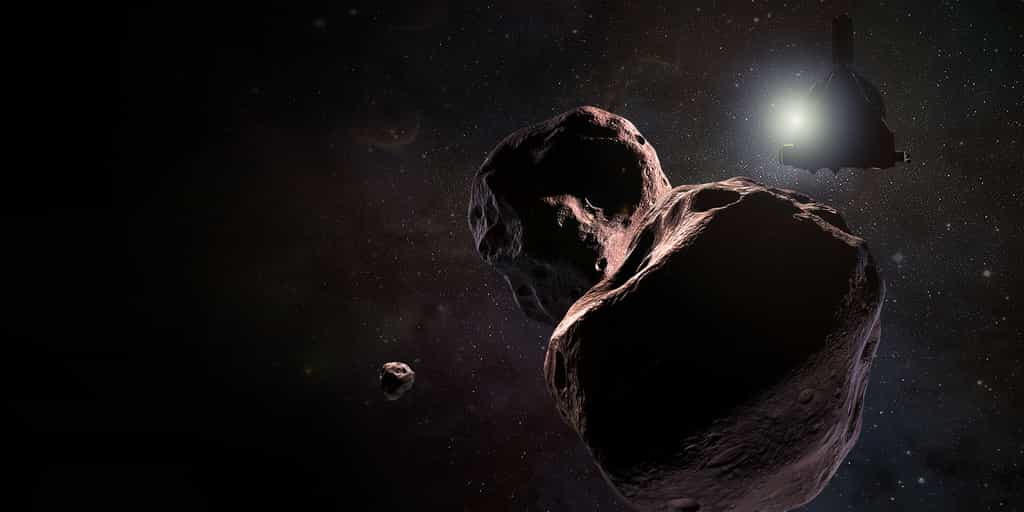 Illustration montrant 2014 MU69 sous forme binaire et accompagné d'une lune. © Nasa, JHUAPL, SwRI, Steve Gribben
