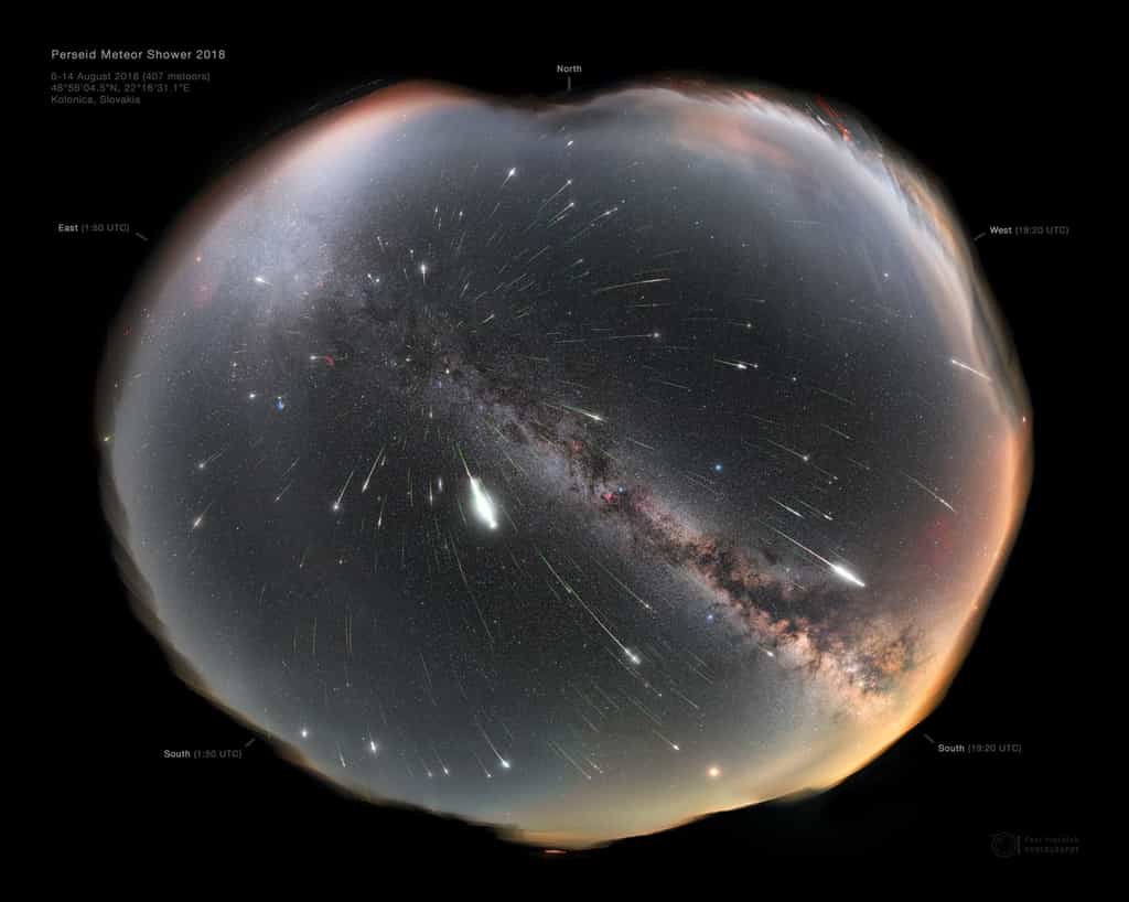 Photo composite de la pluie d'étoiles filantes des Perséides. © Petr Horálek, Apod (Nasa)