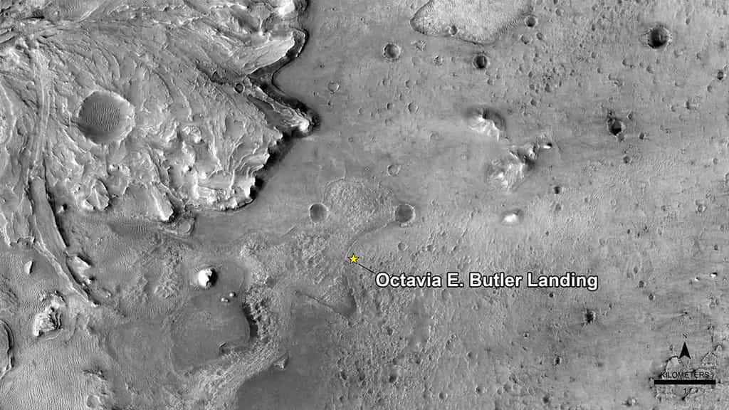 L'étoile indique l'emplacement exact du site d'atterrissage de Perseverance désormais appelé Octavia Butler Landing. © Nasa