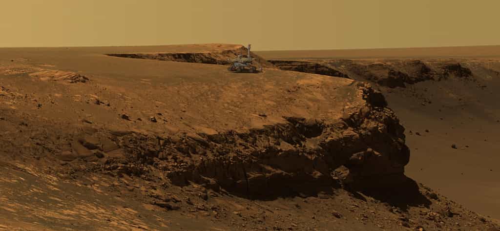 Sur cette photo du cratère Victoria prise par Opportunity, le rover a été rajouté. © Nasa, JPL-Solar System Visualization Team