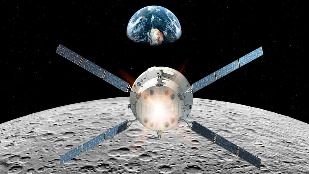 Le véhicule Orion de la Nasa et son module de service fourni par l'Agence spatiale européenne. Ce module a pour fonction de propulser la capsule Orion, d'assurer son contrôle thermique et de lui fournir la puissance électrique nécessaire à son bon fonctionnement, en plus de stocker les réserves d'eau, d'oxygène et d'azote. © ESA, D. Ducros