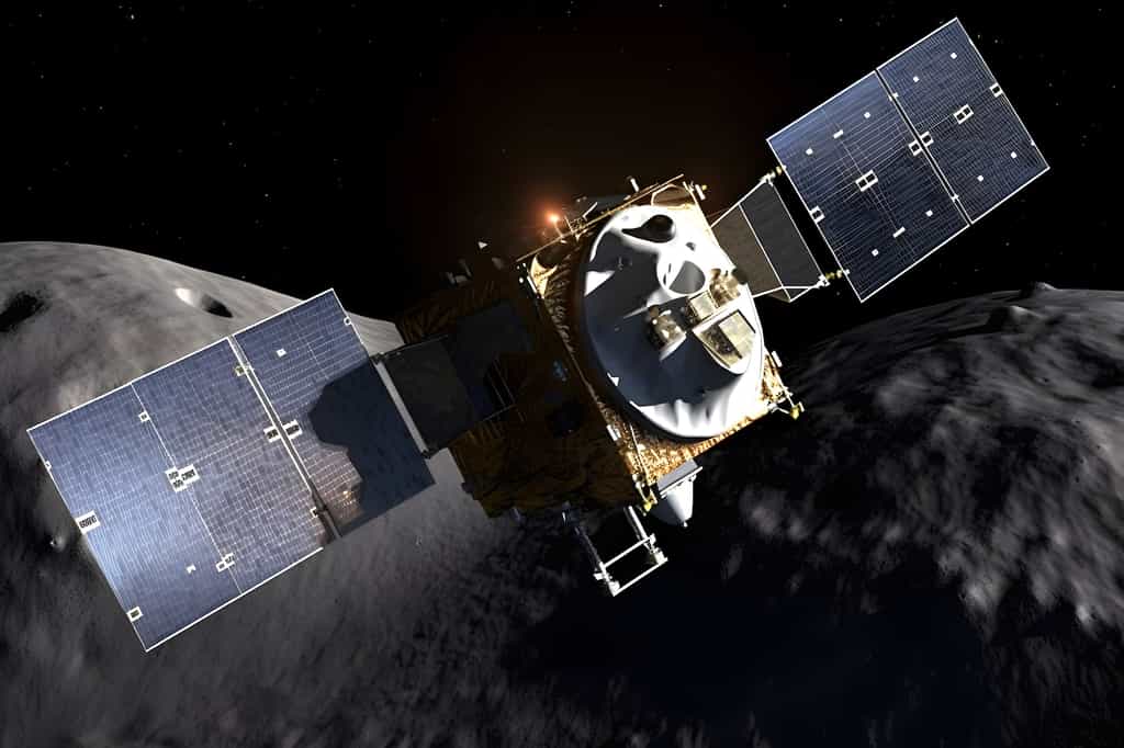 Illustration de la sonde Osiris-Rex lors de sa mission de récupération de prélèvement de matériaux à la surface de l'astéroïde Bennu. © ckybe, Adobe Stock
