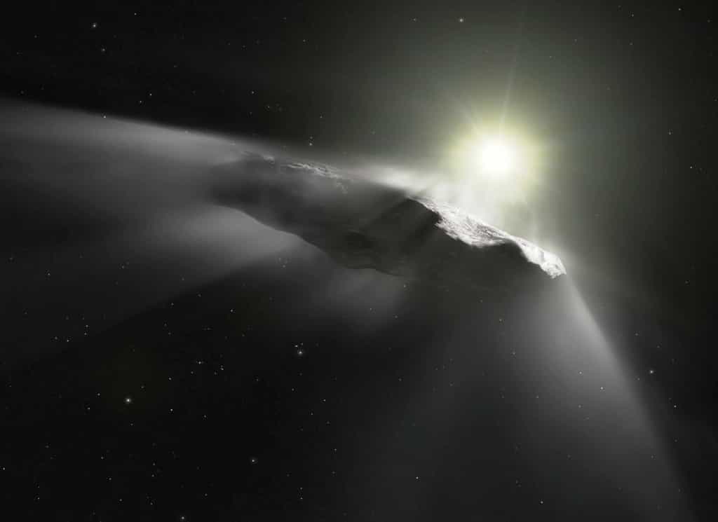 Vue d’artiste d’artiste de ‘Oumuamua. Son nom signifie en hawaïen « messager venu de loin et arrivé le premier ». © ESA, Hubble, Nasa, ESO, M. Kornmesser