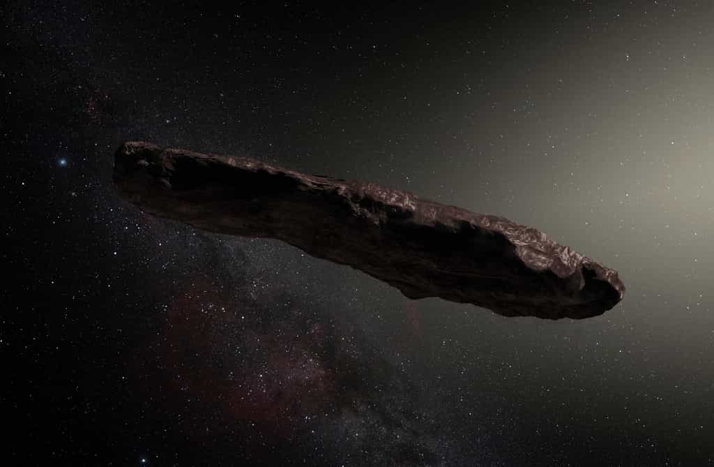 Illustration de 1I/2017 U1 ‘Oumuamua, premier astéroïde interstellaire découvert (19 octobre 2017). © ESO, M. Kornmesser