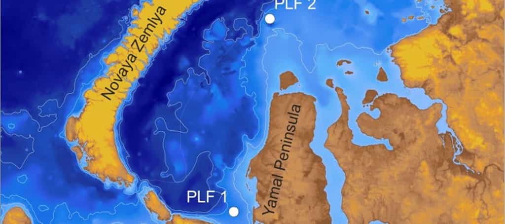 Les deux structures ressemblant à des pingos (PLF, pour Pingo Like Formation) découvertes en mer de Kara, entre la Russie et l'océan Arctique. Les deux contiennent du méthane mais en quantités très différentes. © Pavel Serov