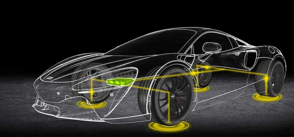 Les pneus connectés Cyber Tyre de Pirelli envoient des données en temps réel à l’ordinateur de bord de la voiture. © Pirelli