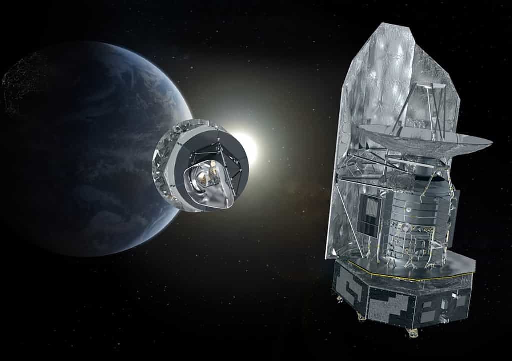 Vue d'artiste des satellites Planck et Herschel. © ESA, Thales Alenia Space