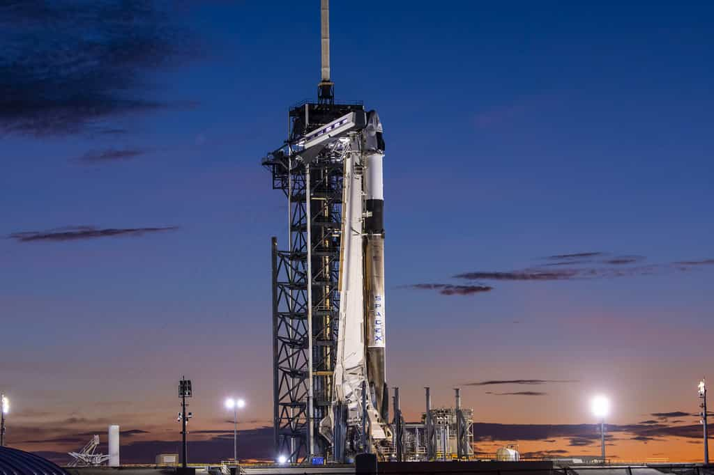 Le lanceur Falcon 9, au sommet duquel se trouve le Crew Dragon, sur son pas de tir, quelques heures avant son décollage. © SpaceX