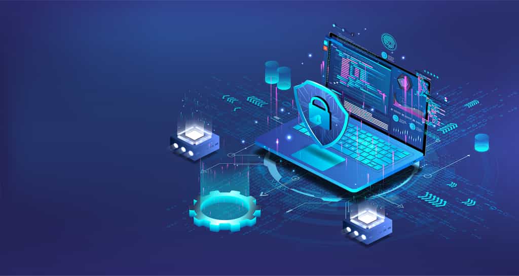 Représentation de la protection des données personnelles et du réseau depuis un PC portable connecté à Internet. © SergeyBitos, Adobe Stock