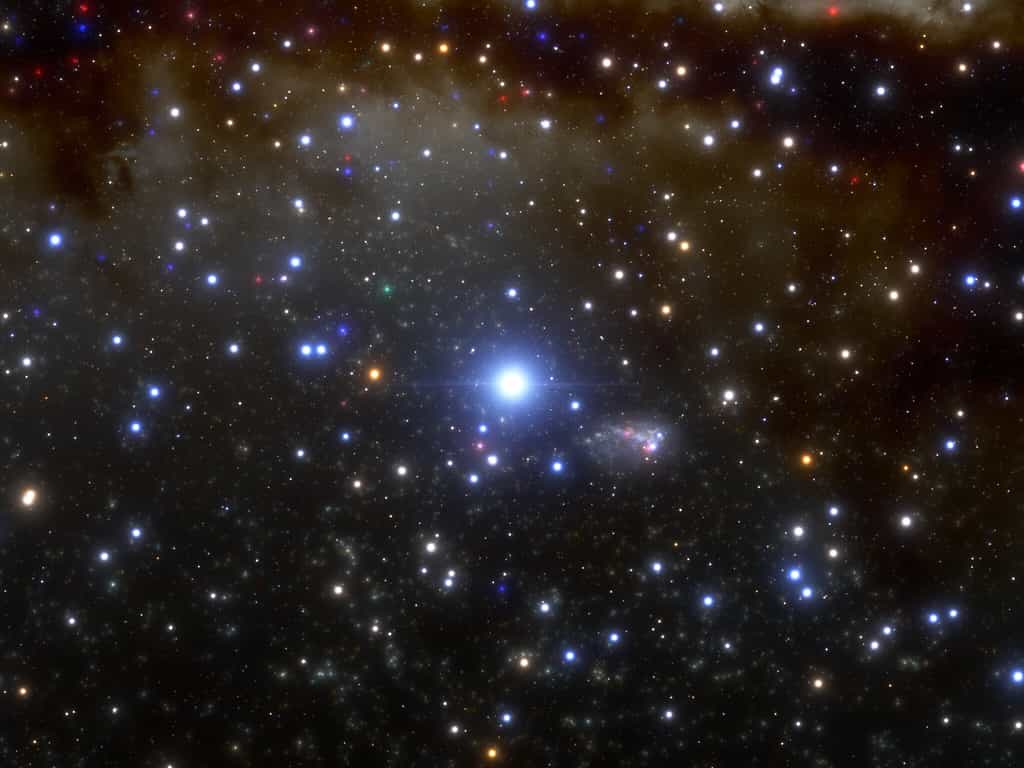 Ceci est une vue d'artiste de R136a1, la plus grande étoile connue de l'Univers, qui réside à l'intérieur de la nébuleuse de la Tarentule dans le Grand Nuage de Magellan. En exploitant les capacités du télescope Gemini Sud de 8,1 mètres au Chili, une équipe d'astronomes a obtenu l'image la plus nette jamais vue de cette étoile colossale.&nbsp;© NOIRLab/NSF/Aura/J. da Silva/moteur spatial