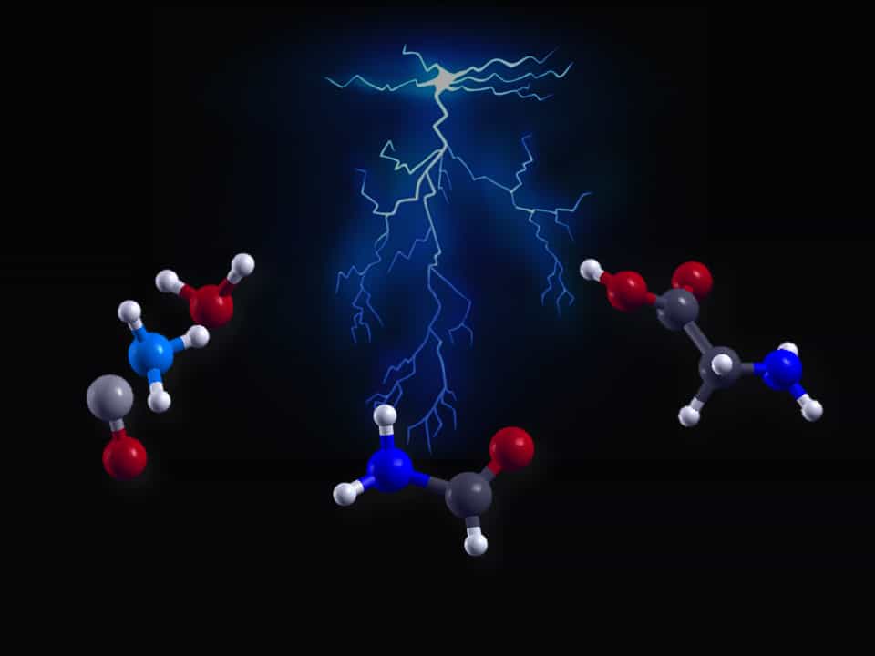 Vue d’artiste de l’effet d’un éclair ou d’un champ électrique intense sur trois molécules simples, à gauche : de l'eau, de l'ammoniac et du monoxyde de carbone (de haut en bas). La réaction produit d’abord du formamide (COH-NH2, au centre) puis l’acide aminé le plus simple, la glycine (à droite). © A. Marco Saitta (IMPMC/UPMC) et Franz Saija (IPCF/CNR)