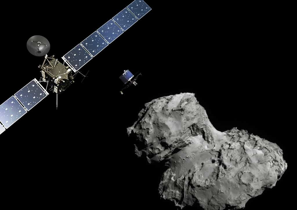 Une vue d'artiste de la sonde Rosetta devant 67P/Churyumov–Gerasimenko. © ESA, ATG medialab – Image de la comète : ESA, Rosetta, Navcam.