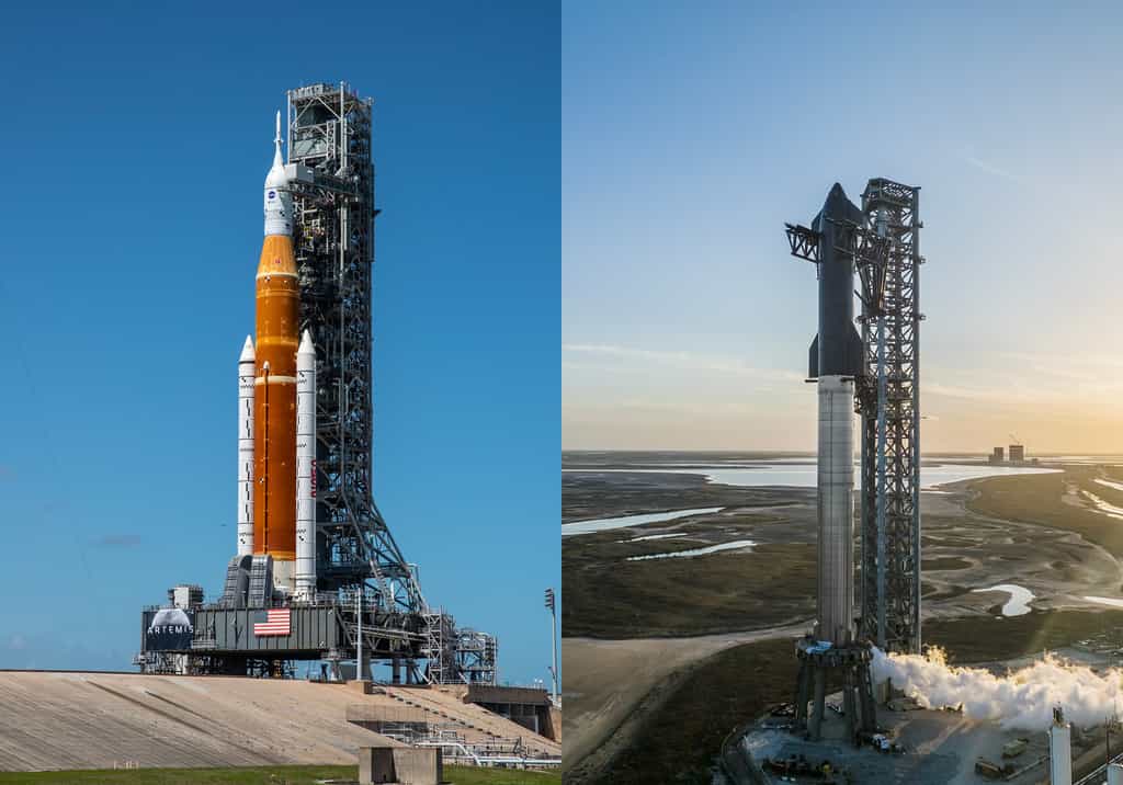 À gauche, le SLS de la Nasa, construit par Boeing et, à droite, le Starship de SpaceX. © Nasa, SpaceX