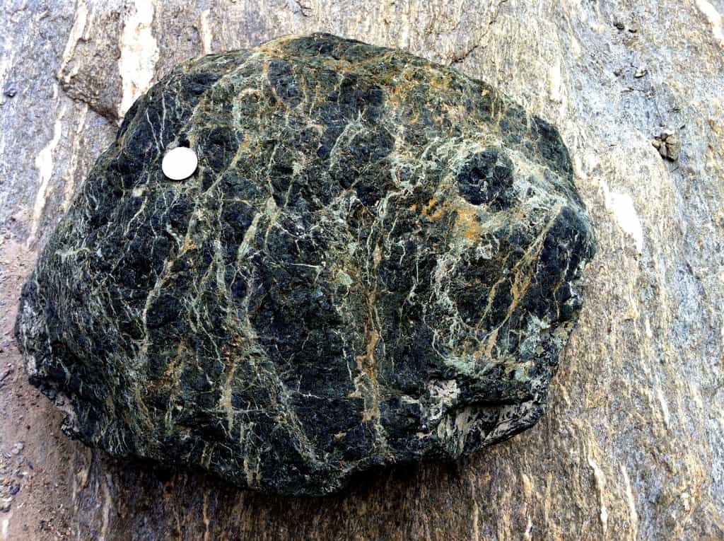 La serpentinite est une roche vert sombre, ultrabasique, provenant de l'altération de péridotites, constituée principalement d'antigorite (phyllosilicate magnésien). On la trouve associée aux massifs ophiolotiques de la croûte océanique. Ici une serpentinite sur gneiss. © Gabriel HM, Wikipédia, cc by sa 4.0&nbsp;