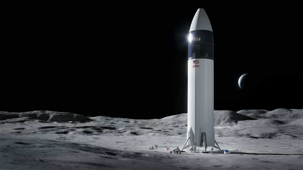 La version lunaire du Starship de SpaceX sera utilisé pour transporter sur la Lune les astronautes des missions Artemis de la Nasa. © SpaceX