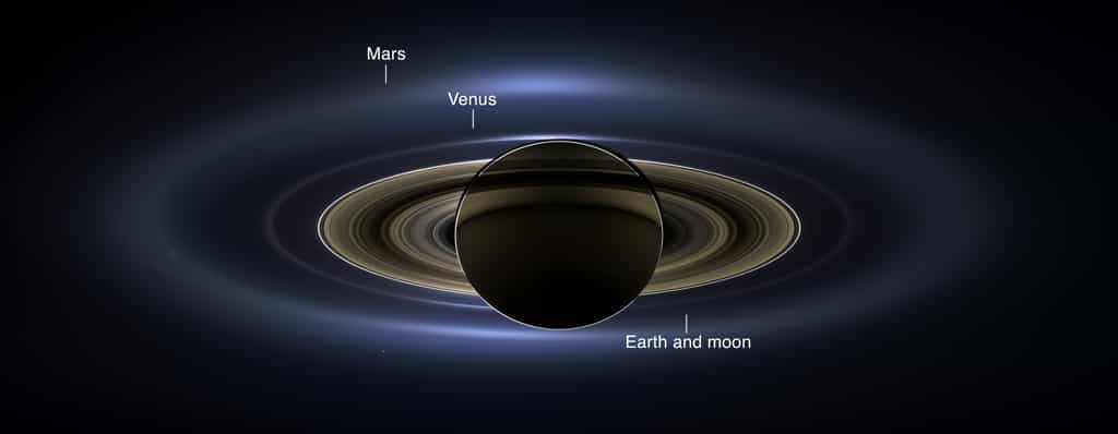 Une version sans renforcement des contrastes de la composition d'images saisies par la sonde Cassini au moment où elle est passée dans l'ombre de Saturne. Trois planètes telluriques sont repérables, dont la Terre (Earth). © Nasa, JPL-Caltech, SSI