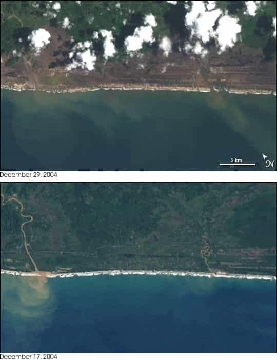 Dégâts du tsunami dans la province d'Aceh, à Sumatra. Ces photographies réalisées depuis le satellite Landsat montrent les côtes ravagées sur plusieurs kilomètres à l'intérieur des terres. © Nasa