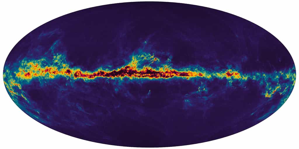 Carte Gaia de la poussière interstellaire dans la Voie lactée.&nbsp;Cette carte montre la poussière interstellaire qui remplit la Voie lactée. Les régions sombres au centre du plan galactique en noir sont les régions avec beaucoup de poussière interstellaire passant au jaune à mesure que la quantité de poussière diminue. Les régions bleu foncé au-dessus et en dessous du plan galactique sont des régions comportant peu de poussière.&nbsp;©&nbsp;ESA, Gaia, DPAC, CC by-sa 3.0 IGO