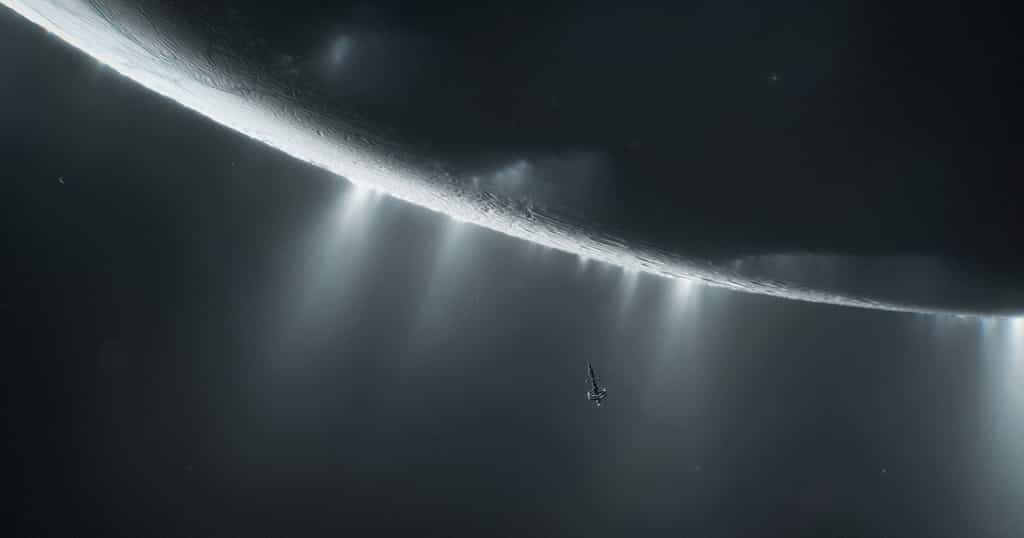 Illustration d’un vaisseau approchant Encelade, lune de Saturne. © Nasa, Erik Wernquist