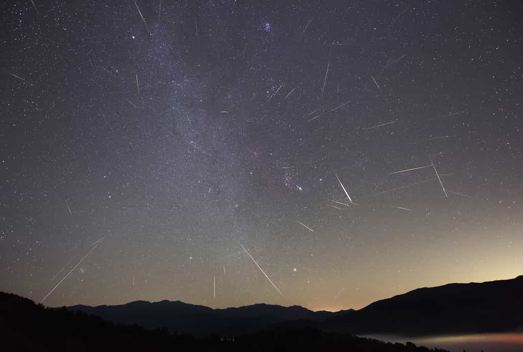 L’essaim météoritique des Orionides. Comme on peut le voir sur cette photo composite, la majorité des étoiles filantes semblent projetées dans le ciel depuis le bras d’Orion. © Yasushi-Aoshima