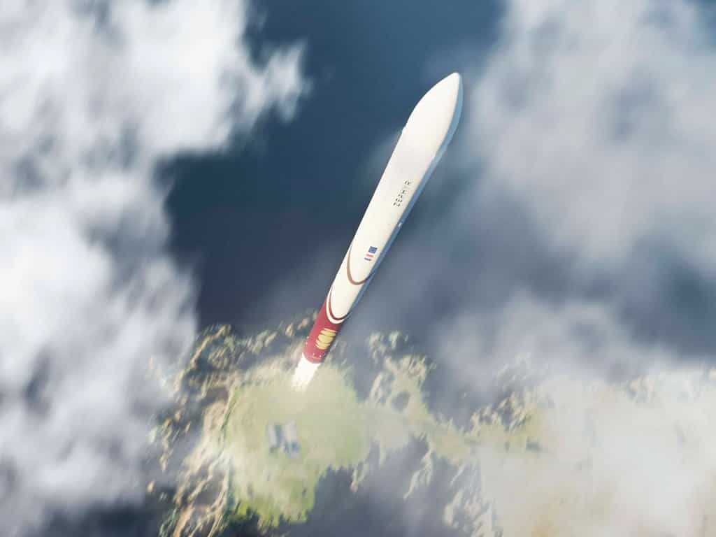 Vue d'artiste du petit lanceur Zéphyr de Latitude décollant de la base de lancement de  SaxaVord des îles Shetland. © Latitude