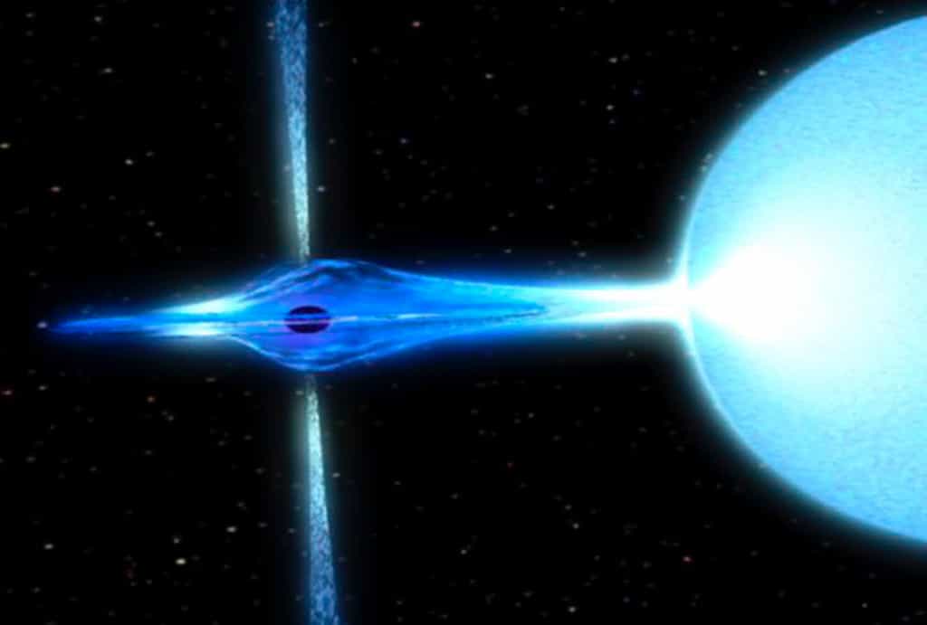 Un trou noir en orbite rapprochée autour d'une géante bleue accumulant de la matière avec son disque et émettant deux jets. Il s'agit peut-être d'un stade précoce avant la formation de certains sursauts gamma longs. Crédit : Nasa / Honeywell Max-Q Digital Group / Dana Berry