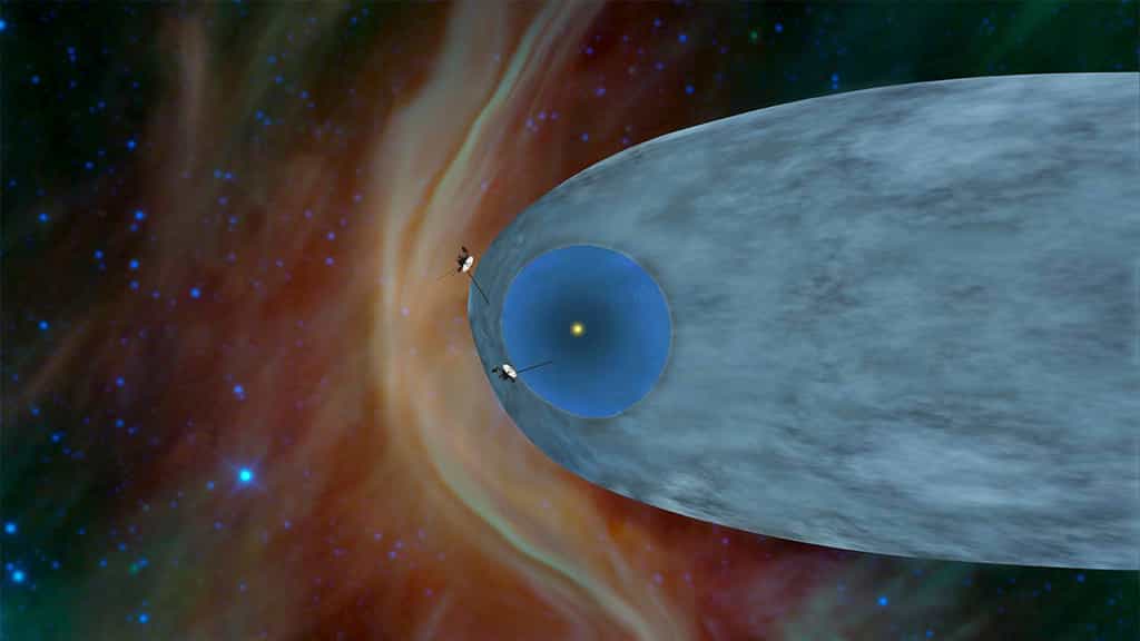 Sur cette vue d’artiste, les localisations des deux sondes avant que Voyager 2 ne quitte l’héliosphère. En haut, Voyager 1 est entré dans l’espace interstellaire du côté du front de l’héliosphère. Voyager 2, comme pressenti sur cette illustration, a finalement quitté l’héliosphère plus par son flanc. © Nasa, JPL-Caltech