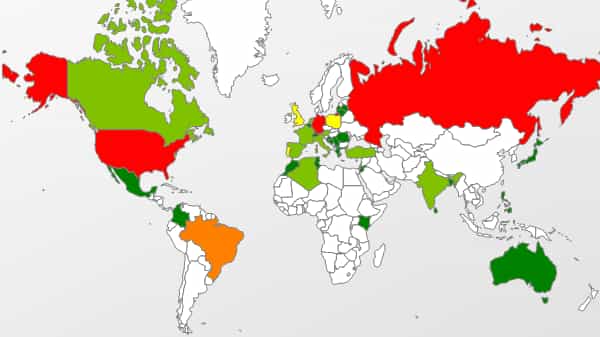 Pour le moment, comme le montre cette illustration, si l’attaque zero day dans Java touche essentiellement la Russie et l’Amérique latine (territoires en orange et en rouge), elle épargne la France (et les autres territoires en vert).&nbsp;© Kaspersky