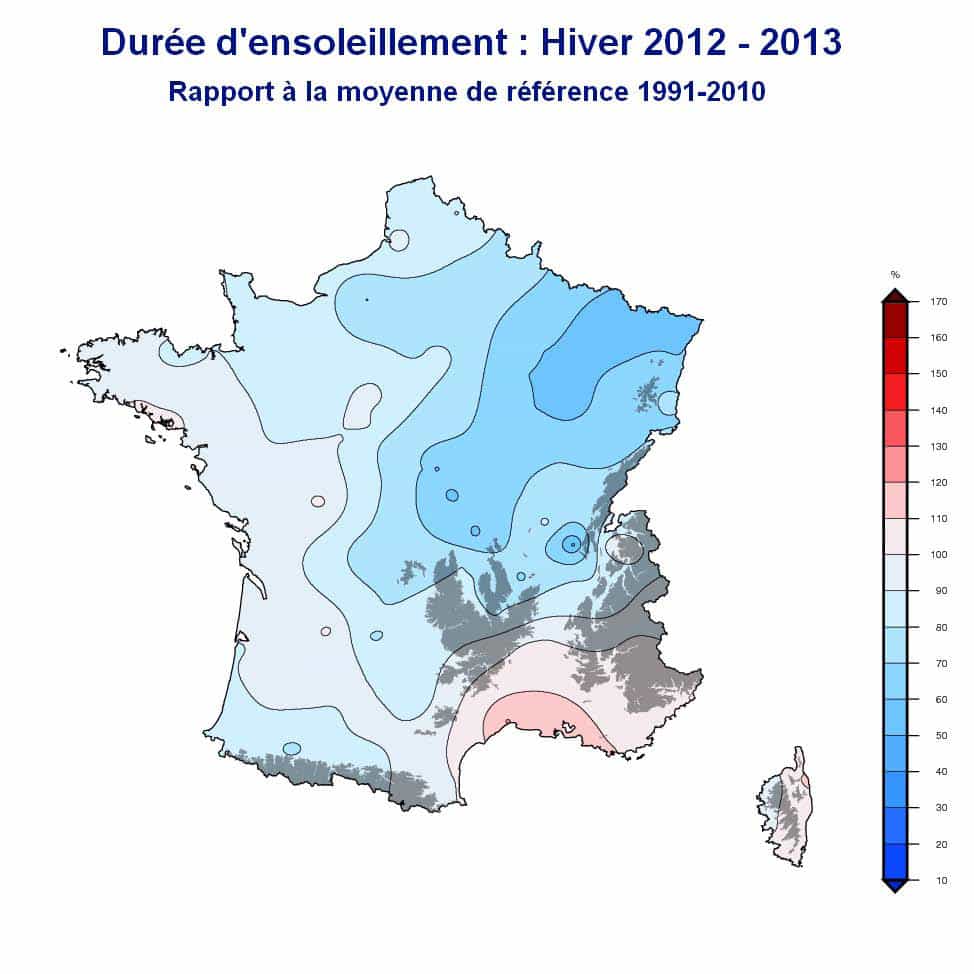 Durée d'ensoleillement durant l'hiver 2012-2013. Le taux est calculé par rapport à la moyenne de référence 1991-2010. © Météo-France