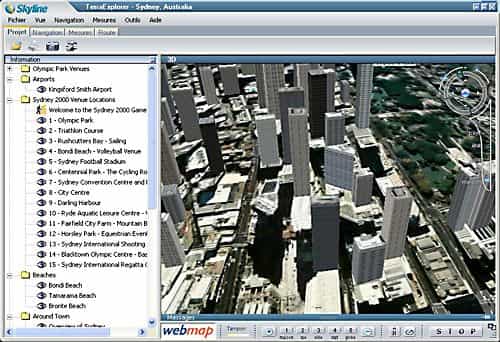 Géoportail 3D, vue de Sydney avec les bâtiments numérisés en relief.