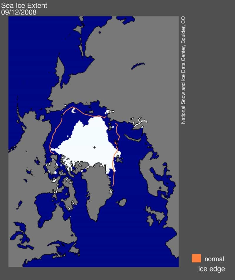 La banquise arctique le 12 septembre 2008. La ligne orange indique la limite moyenne pour la période 1979-2000. © National Snow and Ice Data Center