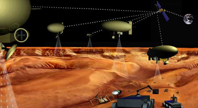 Cette image d'artiste montre ce à quoi ressemblera peut-être l'exploration de Titan dans quelques dizaines d'années. Un ensemble de ballons et de rover au sol se coordonnant avec une sonde en orbite explorera peut-être les dunes et les lacs de Titan. Crédit : Nasa-Esa