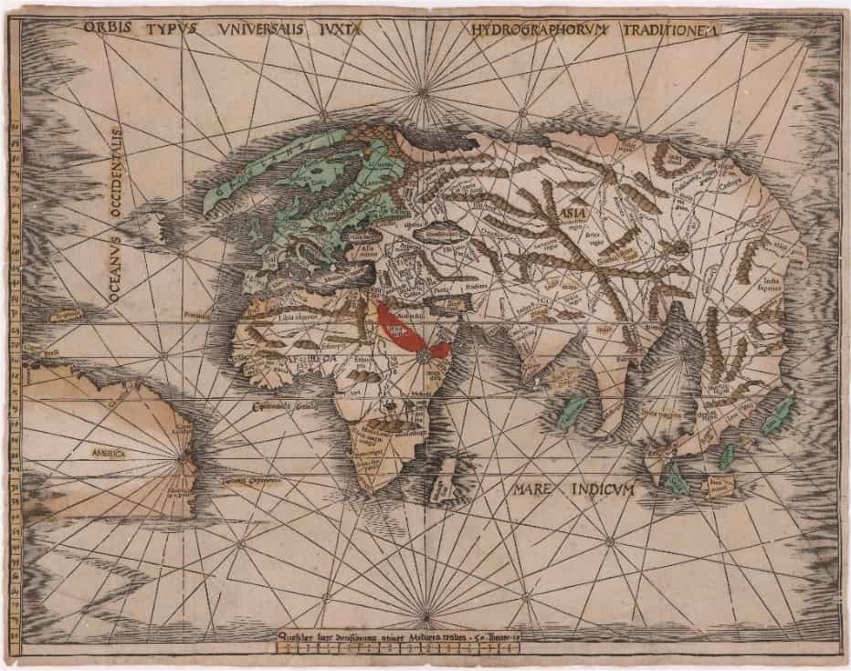Réalisée peu après 1507, cette carte est sans doute la première du monde à porter le nom America (à gauche en bas). Cartographe allemand, Martin Waldseemüller, qui l'a dressée, avait lui-même suggéré, en 1507, d'appeler ainsi la nouvelle terre découverte par Christophe Collomb, du nom de l'un de ses compagnons, Amerigo Vespucci. © BNM