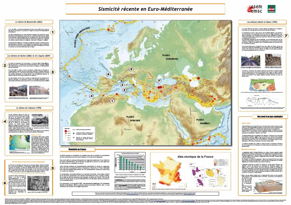La carte de la sismicité en Europe, disponible sur le site de la Fondation Maif. On y apprendra notamment la différence entre aléa et risque, et entre magnitude et intensité. © CSEM/Fondation Maif