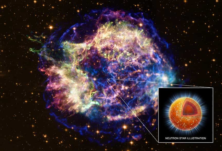 Un montage des images de Cassiopée A avec l'emplacement de son étoile à neutrons. © Rayons X : Nasa/CXC/UNAM/Ioffe/D.Page, P.Shternin et al.; Visible : Nasa/STSc