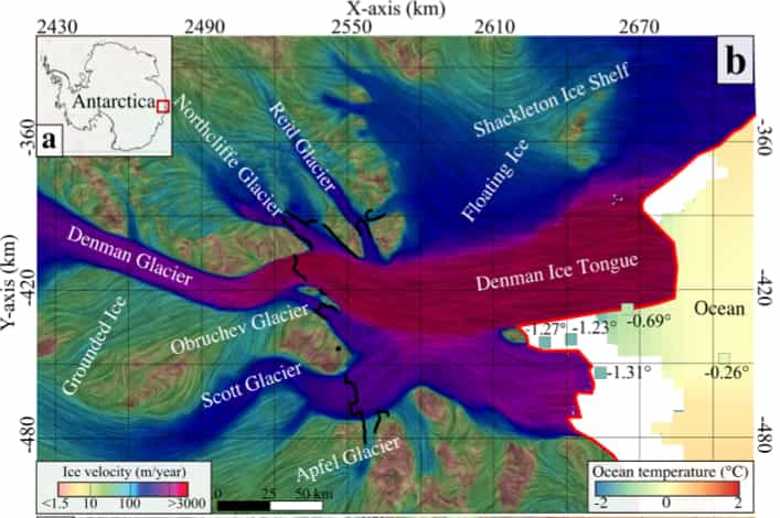 Le canyon Denman, à l’est de l’Antarctique, recule en moyenne de 250 mètres par an. © V. Brancato et al, Geophysical Research Letters, 2020