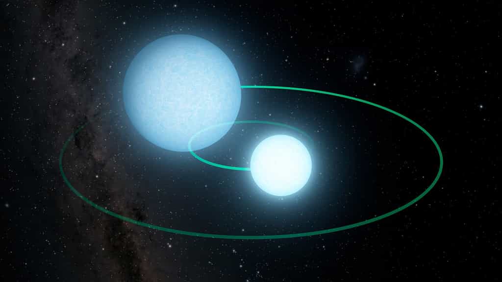 Le système d’étoile binaire à éclipse J1539+5027. Lorsque l’étoile la plus sombre passe devant l’étoile brillante, elle l’occulte légèrement durant 30 secondes. © Caltech, IPAC, R.Hurt