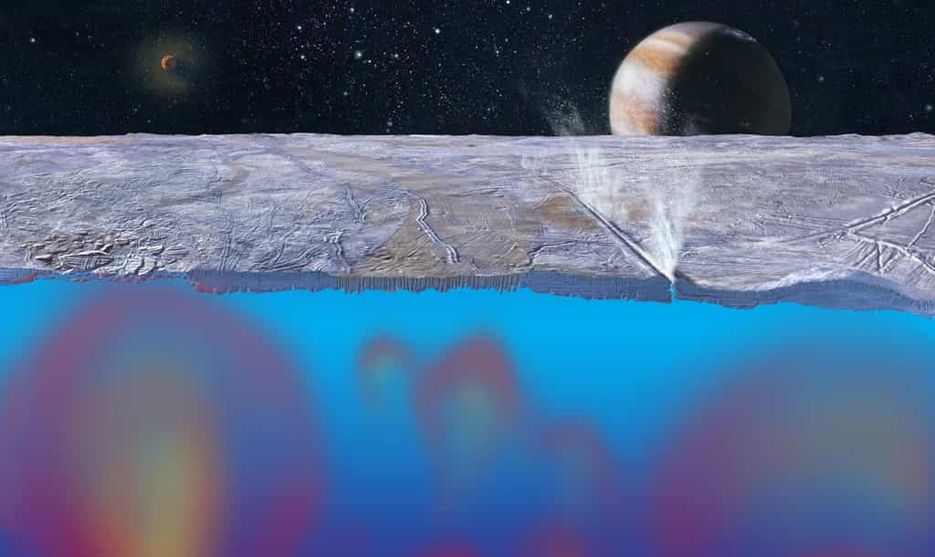 Sous la surface gelée d'Europe, un océan susceptible d'accueillir la vie. © JPL, Michael Carroll, Nasa