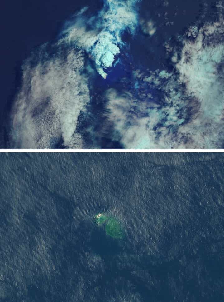 Les îles Tsonga ont connu une série d’éruptions en octobre 2019. Lorsque le panache s’est estompé, les scientifiques ont constaté l’existence d’une nouvelle île. En haut : image prise le 16 octobre. En bas, le 17 novembre. © Lauren Dauphin, Nasa Earth Observatory
