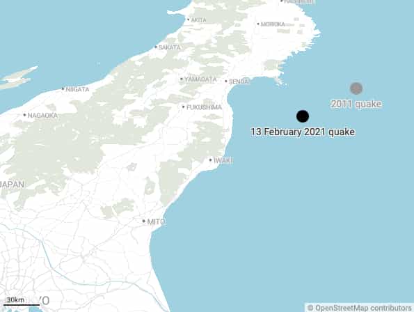 L’épicentre du séisme du 13 février 2021 se situe non loin de celui ayant causé le tsunami en 2011. © The Conversation,&nbsp;USGS