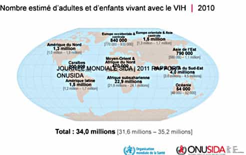 Nombre estimé d'adultes et d'enfants vivant avec le VIH en 2010. © Onusida