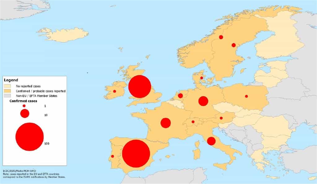 Carte de l'épidémie en Europe au 12 mai 2009. En jaune pâle, les pays où aucun cas n'est signalé. En jaune-orangé ceux où des cas probables ou confirmés sont observés. En gris, les pays non membres de l'ECDC. Les ronds rouges donnent une indication du nombre de cas confirmés, avec trois seuils, 1, 10 et 100. © ECDC