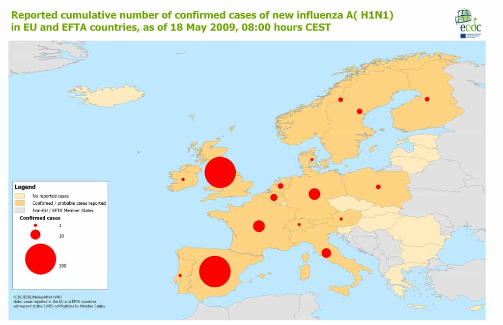 Carte de l'épidémie en Europe au 18 mai 2009. En jaune pâle, les pays où aucun cas n'est signalé. En jaune-orangé ceux où des cas probables ou confirmés sont observés. En gris, les pays non membres de l'ECDC. Les ronds rouges donnent une indication du nombre de cas confirmés, avec trois seuils, 1, 10 et 100. © ECDC